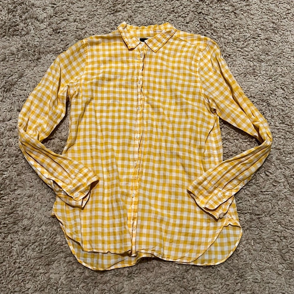 J Crew Women’s Boy fit Long Sleeve Button Down Shirt Gold White Gingham 8